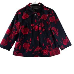 Talbots Blazer Black Velvet Red Roses 8 Petite Vampire Goth Hidden Buttons Lined